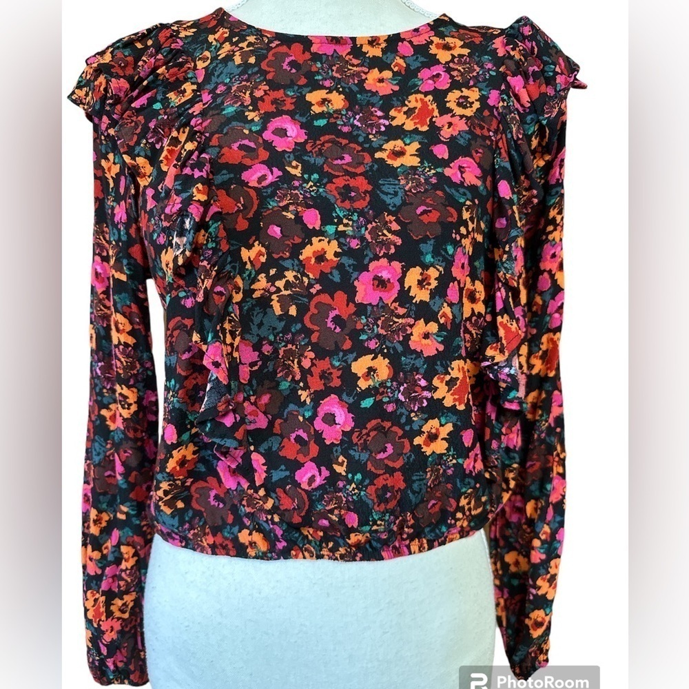 Wild Fable Rayon Floral Crop Rounded Neck Popover Ruffles Blouse Keyhole Back S